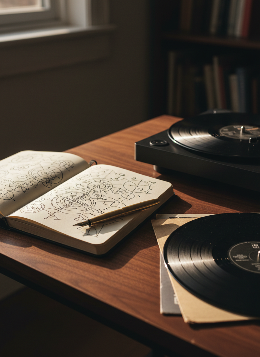 A sleek, slightly scuffed black notebook lies open on a dark walnut table, its cream pages filled with dense, hand-drawn diagrams of overlapping circles, arrows, and question marks. A vintage brass fountain pen rests diagonally across the margin, its nib glinting faintly. Nearby, a small stack of vinyl records leans casually against a matte-black turntable, the top record half pulled from its sleeve to reveal a deep, obsidian disc. Late-afternoon window light streams in from the left, creating soft highlights on the pen and record surface while the background fades into gentle bokeh. Photographic realism, composed using the rule of thirds, with a moody, contemplative atmosphere that evokes the intersection of philosophy, psychology, and music-driven introspection.
