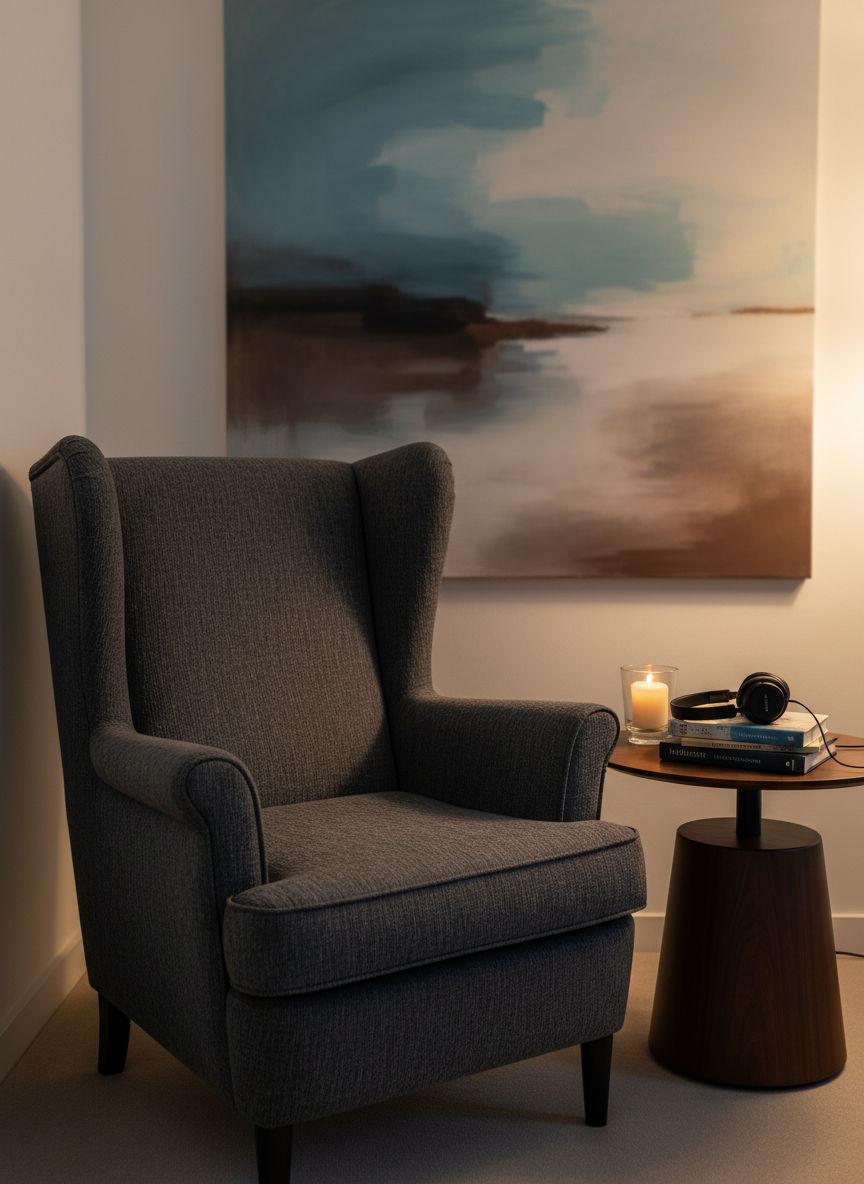 An empty, high-backed armchair upholstered in textured charcoal fabric sits slightly off-center in a quiet corner of a room, facing a low, round side table. On the table, a small stack of philosophical paperbacks, a single unlit candle in a simple glass holder, and a pair of closed over-ear headphones rest in careful disarray. A large abstract painting with muted blues, umbers, and soft whites hangs on the wall behind, partially out of focus. Warm, diffused lamp light from the right softens the scene, creating gentle shadows and a cocoon-like glow. Photographic realism, shot from a slightly elevated angle with a medium depth of field, conveying a private, introspective space where art, thought, and inner dialogue quietly converge.