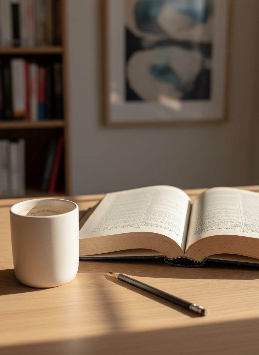 A well-worn hardcover philosophy book, its deep navy cloth cover softened at the edges, lies open on a minimalist oak desk. Beside it rests a smooth, unmarked ceramic mug with faint tea stains inside, and a single graphite pencil with a dull tip. Soft morning light filters through an unseen window, casting elongated, contemplative shadows across the pages and emphasizing the delicate texture of the paper. The background falls into gentle blur, suggesting shelves of indistinct books and a framed abstract artwork. Photographic realism, shot at eye level with a shallow depth of field, creating an intimate, introspective mood that feels quiet, thoughtful, and carefully curated, perfect for a philosophy and reflection blog header.