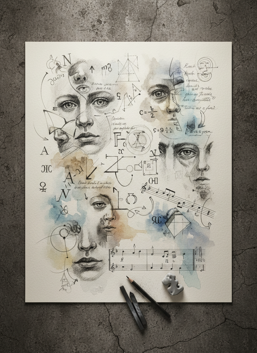 A large, unrolled sheet of heavy, off-white drawing paper stretches across a dark stone tabletop, covered in an intricate mix of charcoal sketches, ink notes, and faint watercolor stains. Fragments of faces, musical notation, arrows, and philosophical symbols intersect and overlap like a visual diary of thought and feeling. Several drawing tools—graphite sticks, a charcoal pencil, and a smudged kneaded eraser—lie scattered near the edge, dusted with fine pigment. Overhead, soft, diffused studio lighting reveals every subtle texture of the paper and the grain of the stone, without harsh shadows. Photographic realism, shot from a slightly elevated, almost top-down angle, with sharp focus throughout. The atmosphere is introspective and quietly intense, capturing art as a thinking process rather than polished product.