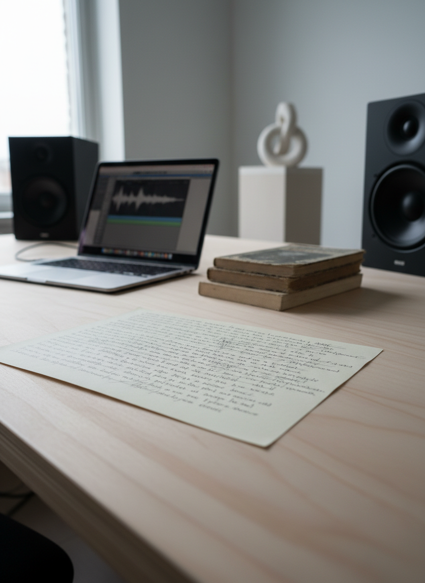 A minimalist studio desk made of pale birch wood is positioned near a large, unseen window, bathed in cool, overcast daylight. On the desk, a thin laptop displays a paused audio editing waveform, next to a small stack of poetry and philosophy books, their titles obscured. A pair of studio monitor speakers flanks the scene, while a single sheet of paper covered in handwritten, crossed-out sentences lies in the foreground. A delicate ceramic sculpture—an abstract, looping form—sits on a discreet plinth in the background. Photographic realism, captured from a three-quarter angle with shallow depth of field, focusing on the messy page. The mood is contemplative and authentic, hinting at the weekly creative process where thought, sound, and written word are refined.